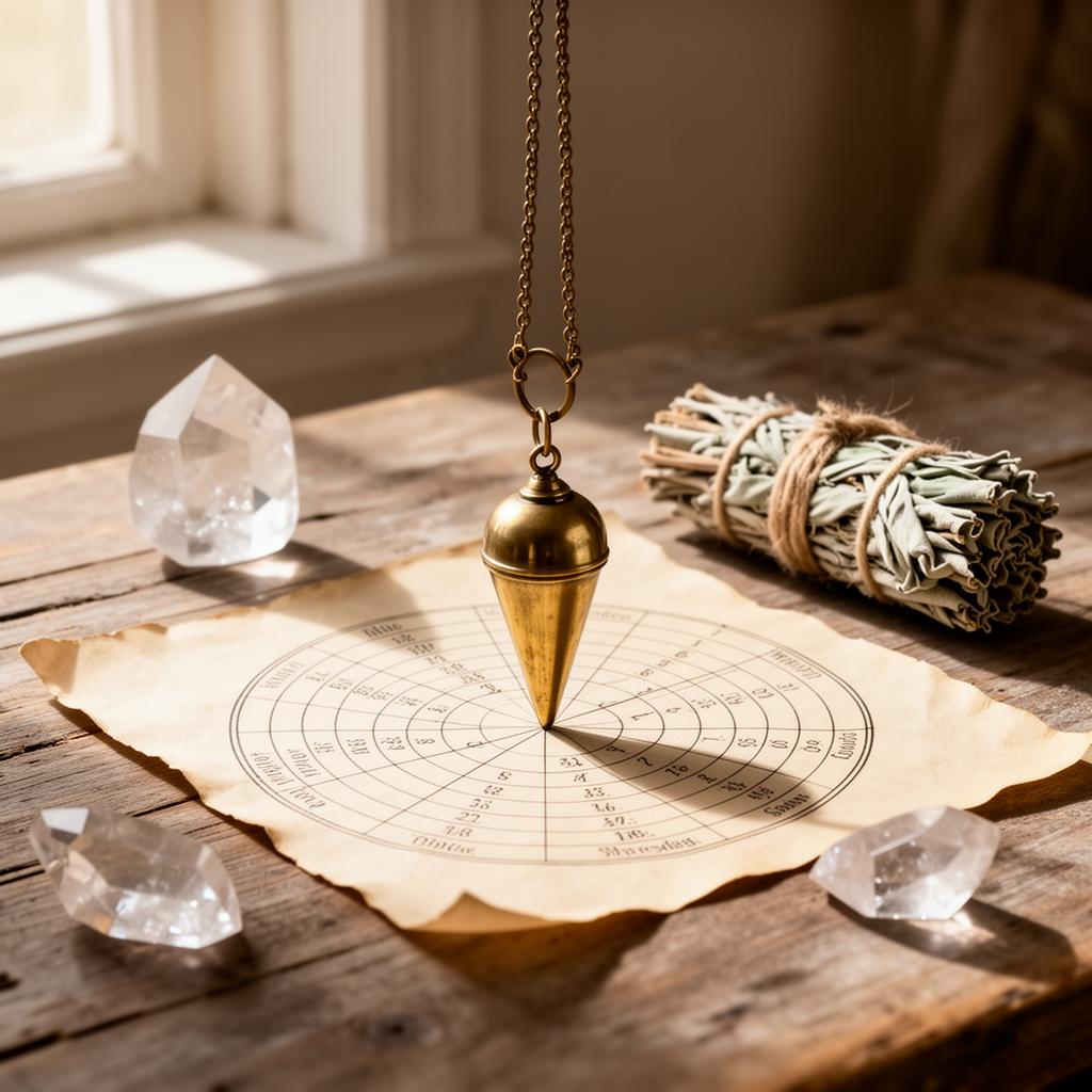 Brass pendulum and dowsing chart